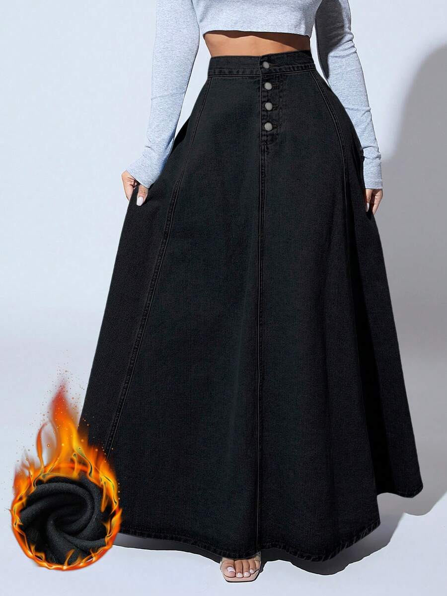 SHEIN SXY 女士时尚保暖长款牛仔中长裙 - 藍色 - 查看 1