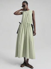 Ontre Women's Summer Simple Striped Loose Drawstring Waist Long Dress, Military Green, Suitable For Teachers, Urban Intellectual, Bowknot Strap Beach Holiday Outfit, Island Resort Bohemian Dress, Music Festival, Halloween, Christmas Party, Elegant Country Music Concert Dress