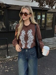 Elyressa An Elegant Autumn Shirt For Women's Woven And Embroidered Vacation Commuting - Coffee Brown - View 4