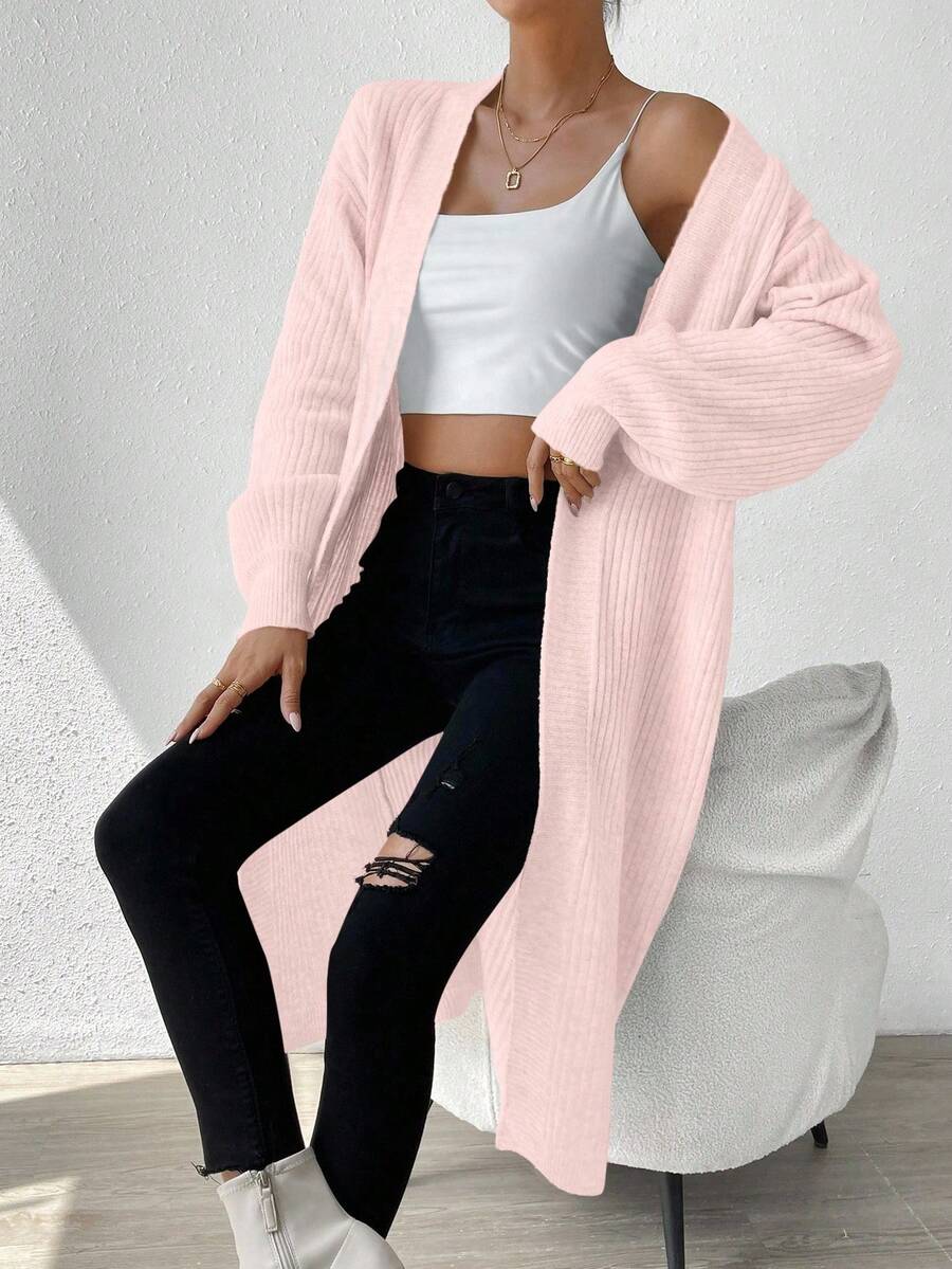 SHEIN LUNE Women's V-Neck Ribbed Lantern Sleeve Wool Blend Cardigan, Pink - Pink - View 1