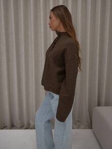 MUSERA Cárdigan de punto esponjoso de cuello de embudo de manga larga, elegante, lindo, sexy, ropa de calle, salida nocturna, fiesta de invierno, noche elegante, suéter de - Marrón - Ver 4