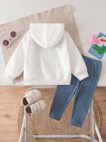 Babygirl 可爱卡通图案连帽卫衣和松紧腰裤套装，秋冬 - 藍白色 - 查看 2