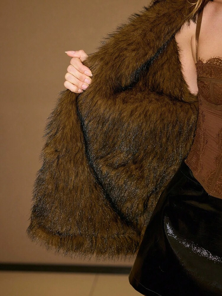 LOOSE FAUX FUR LINING FASHIONABLE BLACK JACKET COAT, WARM FOR AUTUMN/WINTER