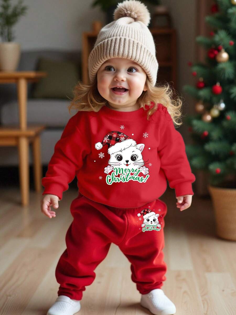 Conjunto de sudadera de cuello redondo de manga larga con estampado de gato navideño para bebé niña, estilo casual y versátil, adecuado para otoño/invierno/primavera, ligero y cómodo, ideal para usar en otoño/invierno, atuendo casual de moda, vuelta al colegio, reuniones, picnics al aire libre, fotografía callejera, campus, vacaciones, regalos - Rojo - Ver 1
