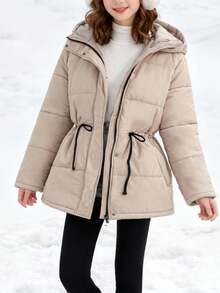 SHEIN Teen Girl Woven Khaki Loose Fit Hooded Padded Padded Coat Cute Winter Jacket Girls Winter Coat Girls Hooded Puffer Coat Tween Puffer Jacket Puffer Jacket With Hood Cute Jacket Jacket For Girls Light Jacket - Khaki - View 3