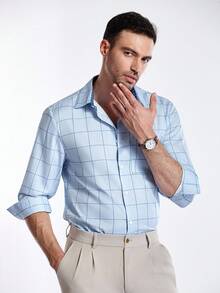 Manfinity CityGents Camisa casual de manga larga con bolsillo y cierre de un solo abotonadura a cuadros para hombres, camisa azul casual para hombres, otoño