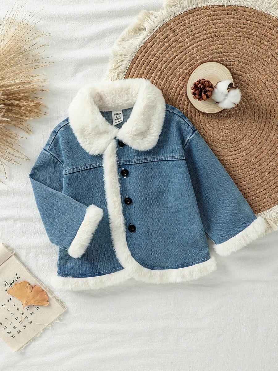 SHEIN Baby Mädchen Mode Jeans Thermofutter Kragen Langarm Jacke, stilvoller Alltags-Look, Outfit für Mädchen, geeignet für 3 Monate bis 3 Jahre alt, Herbst/Winter - marineblau - Übersicht 1