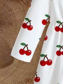 SHEIN Baby Girl Sweet Cherry Print Embroidered Effect Round Neck Long Sleeve A-Line Dress, Suitable For Outings In Autumn - Multicolor - View 5