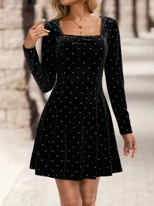 EMERY ROSE Đầm ngắn cổ vuông họa tiết chấm bi thanh lịch dành cho nữ, dài tay - màu đen - Xem 3