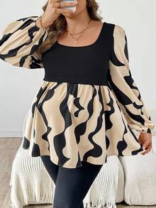 SHEIN Maternity Plus Size Geometric Print Square Neck Lantern Sleeve Casual Top