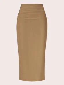 SHEIN Clasi Falda de cuero sintético fruncida de unicolor para mujer - Caqui - Ver 4