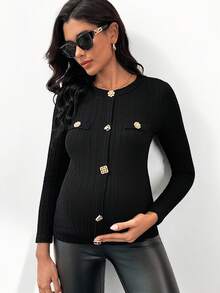 MaterniWear Áo thun bầu màu trơn, họa tiết hoa kim loại, cổ tròn, tay dài, ôm dáng, có gân, thích hợp mặc trong bụng mẹ, áo bầu cho phụ nữ mang thai, áo bầu thanh lịch, áo kiểu nữ màu đen sang trọng. - màu đen - Xem 5