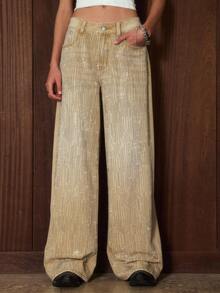 Easelle Jeans vintage kaki à jambes larges, coupe ample, avec poches et ornements de strass pour femmes. Tenue de fête pour l'hiver et l'automne - Kaki - Voir 5