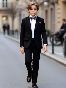 SHEIN 3 件套 Tween Boy 经典黑色高端优雅时尚宴会、婚礼、舞台表演、主持人四季绅士西装套装。修身西装外套 + 直筒裤 + 领结 3 件套