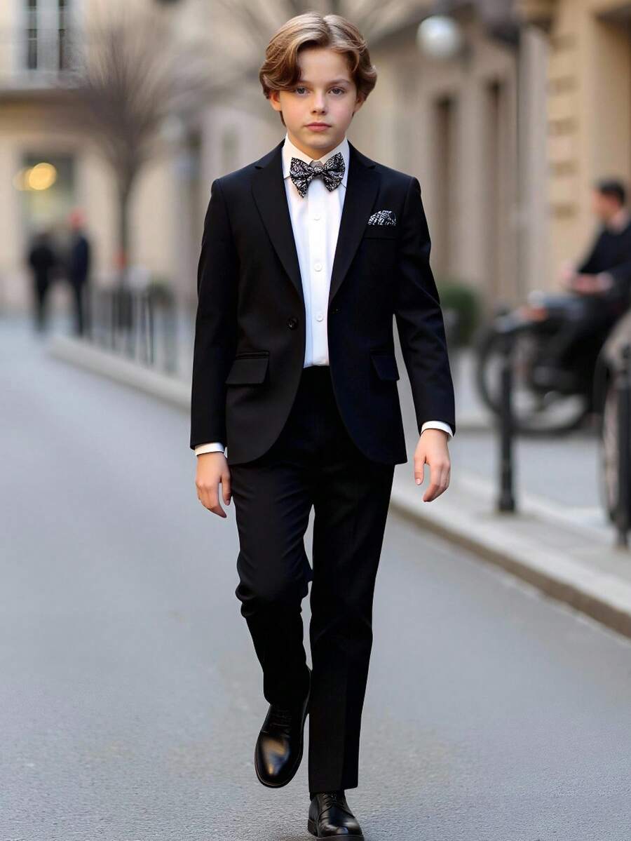 SHEIN 3 件套 Tween Boy 经典黑色高端优雅时尚宴会、婚礼、舞台表演、主持人四季绅士西装套装。修身西装外套 + 直筒裤 + 领结 3 件套
