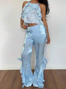 SHEIN EZwear Women's Solid Color Ruffle Tie Waist Pants, Suitable For Commuting - Blue - View 3
