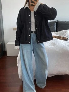 DAZY Damen Jacke und Mantel aus Denim mit Farbblockdesign, Fake-Pelz-Patchwork und Kragen - Dunkle Waschung - Übersicht 4