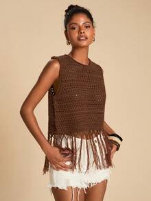 Travachic Women's Vacation Casual Hollow Out Fringe Hem Knit Top, Crochet Top Women, Tassel Top, Going Out Outfits, Casual Style, Summer Beach Outfits,