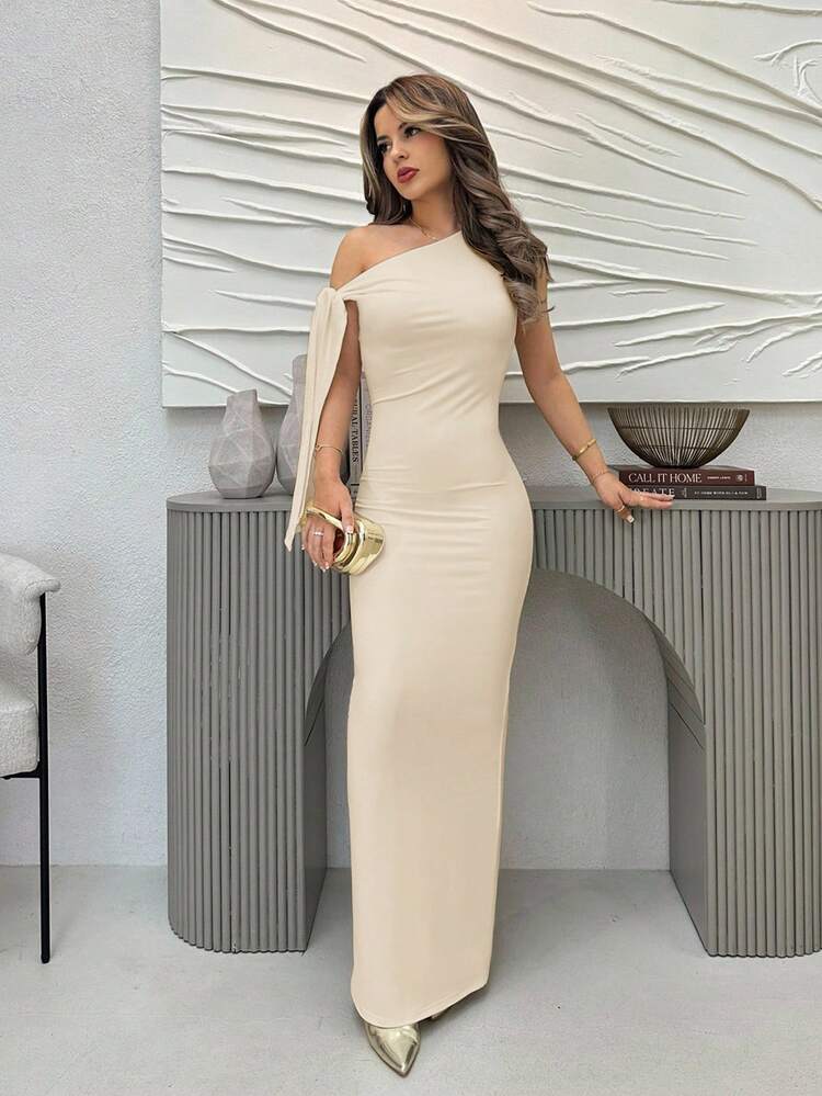 Jemour Vestido elegante asimétrico de hombros con lazo, volantes y abertura alta para dama, ideal para la temporada de graduación - Albaricoque - Añade 1