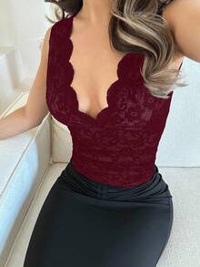 Jemour 全新性感蕾丝拼布镂空腰身修身无袖上衣 - 紫色 - 查看 3
