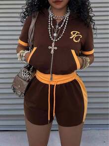 INAWLY Fitted Cropped Hooded Raglan Short Sleeve Cardigan Top + Low Waist Shorts - Multicolor - View 5