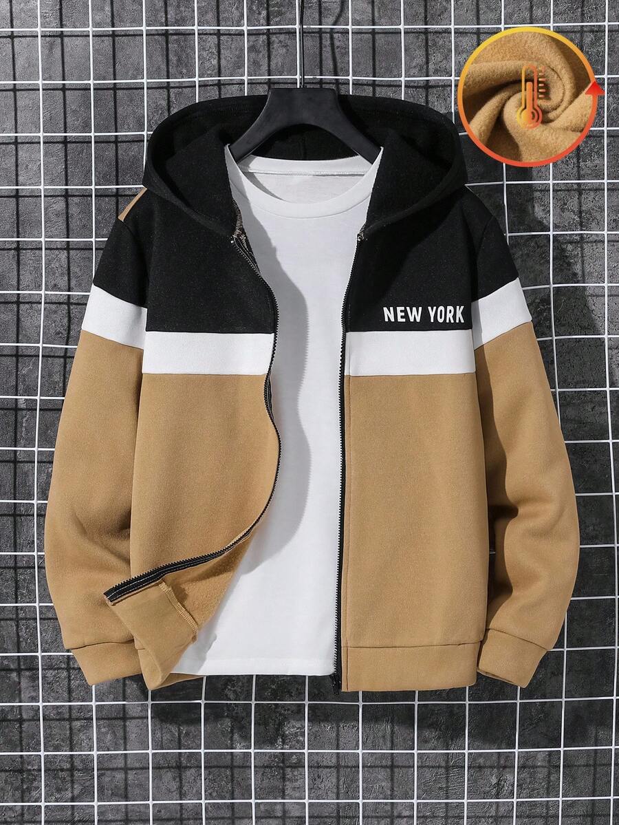 SHEIN Áo khoác nỉ phối nhiều lớp thoải mái dành cho bé trai tuổi teen, có họa tiết chữ cái, phù hợp cho mùa xuân, hè, thu, đông, thích hợp cho các hoạt động ngoài trời, đi học, phong cách đường phố, tiệc tùng và thư giãn tại nhà, giá cả phải chăng, mùa thu. - Màu Khaki - Xem 1