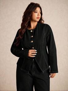 Elaquor Áo khoác denim dài tay màu trơn thường ngày cỡ lớn dành cho nữ - màu đen - Xem 4