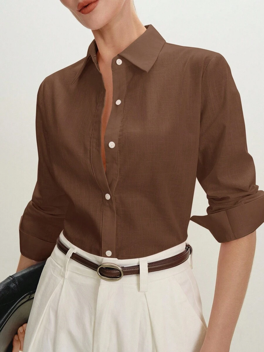 BizChic 春夏新款翻领前开襟女式衬衫，现代优雅都市通勤休闲浪漫90年代复古风，适合圣诞节、新年、情人节、派对、海滩、毕业典礼、嘉年华、假日等各种场合，简约浪漫百搭，适合婚礼宾客、主人、约会、派对、音乐会、早午餐、机场等多种场合。 - 棕色 - 查看 1