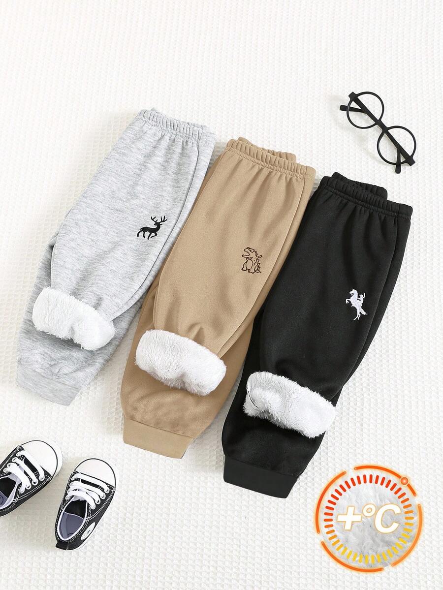 SHEIN 3 Stück Jungen Kinder Lässige Thermisch Gefütterte Loose Fit Jogginghose mit Stickerei, geeignet für Schule, Garten, Strand, Geburtstag, Herbst/Winter