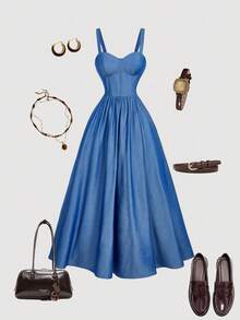 SHEIN MOD Women's Elegant Spaghetti Strap Faux Denim Lace-Up Waist Bustier Dress,Fall /Winter,Halloween,Christmas, Going Out,Cute,Gothic,Chic,Casual,, Blue Formal Dress, Blue Wedding Guest Dress, Blue Sundress