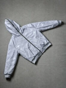 Manfinity Roghcode Men's Loose Hooded Long Sleeve Zip Up Windbreaker Jacket,Double-Zipper Design,Light Grey,Winter,Streetwear,Vacation,Fashionable Outdoor Outerwear,Gift - Light Grey - View 4