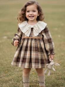 Cozy Pixies Baby Mädchen bunte karierte Kontrast Rundhals Langarm Taille geraffte Kleid, vielseitig & bequem