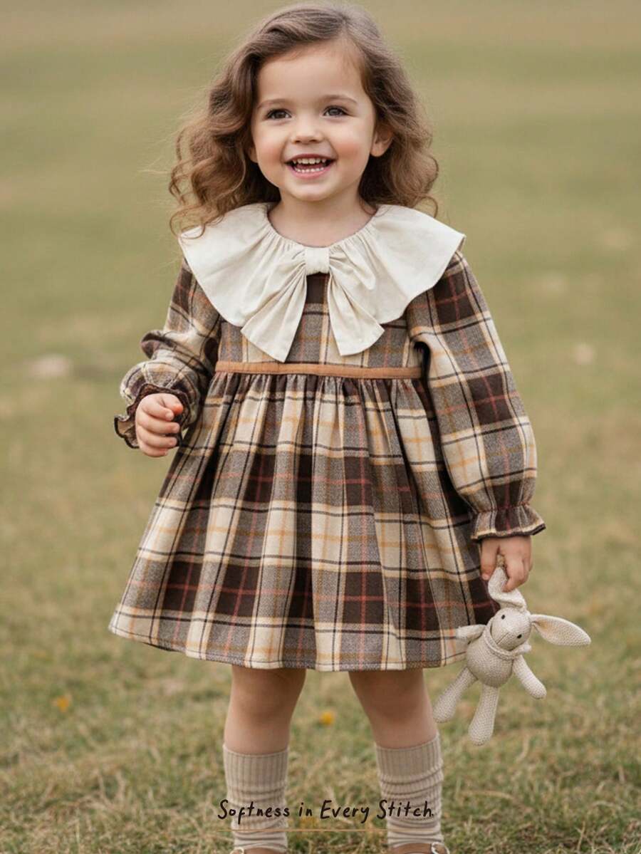 Cozy Pixies Baby Mädchen bunte karierte Kontrast Rundhals Langarm Taille geraffte Kleid, vielseitig & bequem