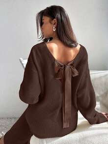 EURMUSE Satin Ribbon Detail On Back Dress Elegant Cute Simple Casual Street - Brown - View 1