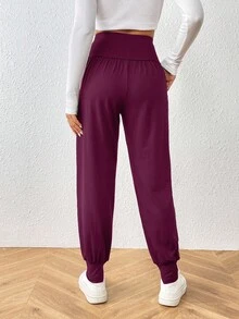 EMERY ROSE Casual And Comfortable, LUNE Wideband Waist Slant Pocket Pants,Pencil Pants; - Red Violet - View 2
