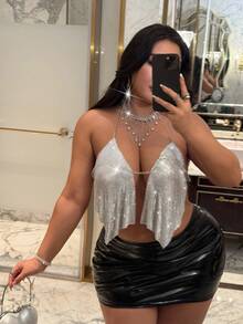 NU&NOW NU&NOW Sexy Metallic Chain & Sequin Sleeveless Plus Size Blouse For Party, Christmas Top,Fancy Party Outfits,New Year Outfit,Silver