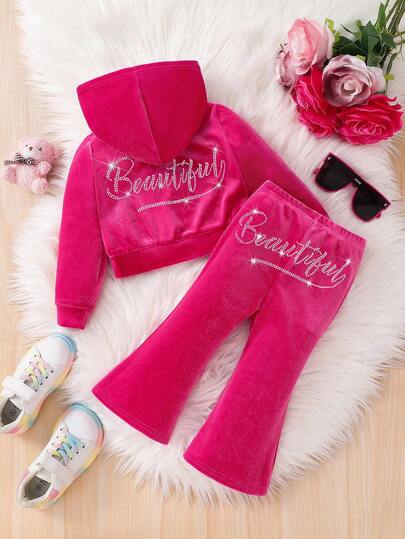 SHEIN Baby Girl Solid Color Long Sleeve Hooded Rhinestone Embellished Casual Sweatshirt Set Baby Girl Sweat Set Girls Winter Outfit Sets Cozy Pixies Set Girl Baby Phat Girl Clothes Sets