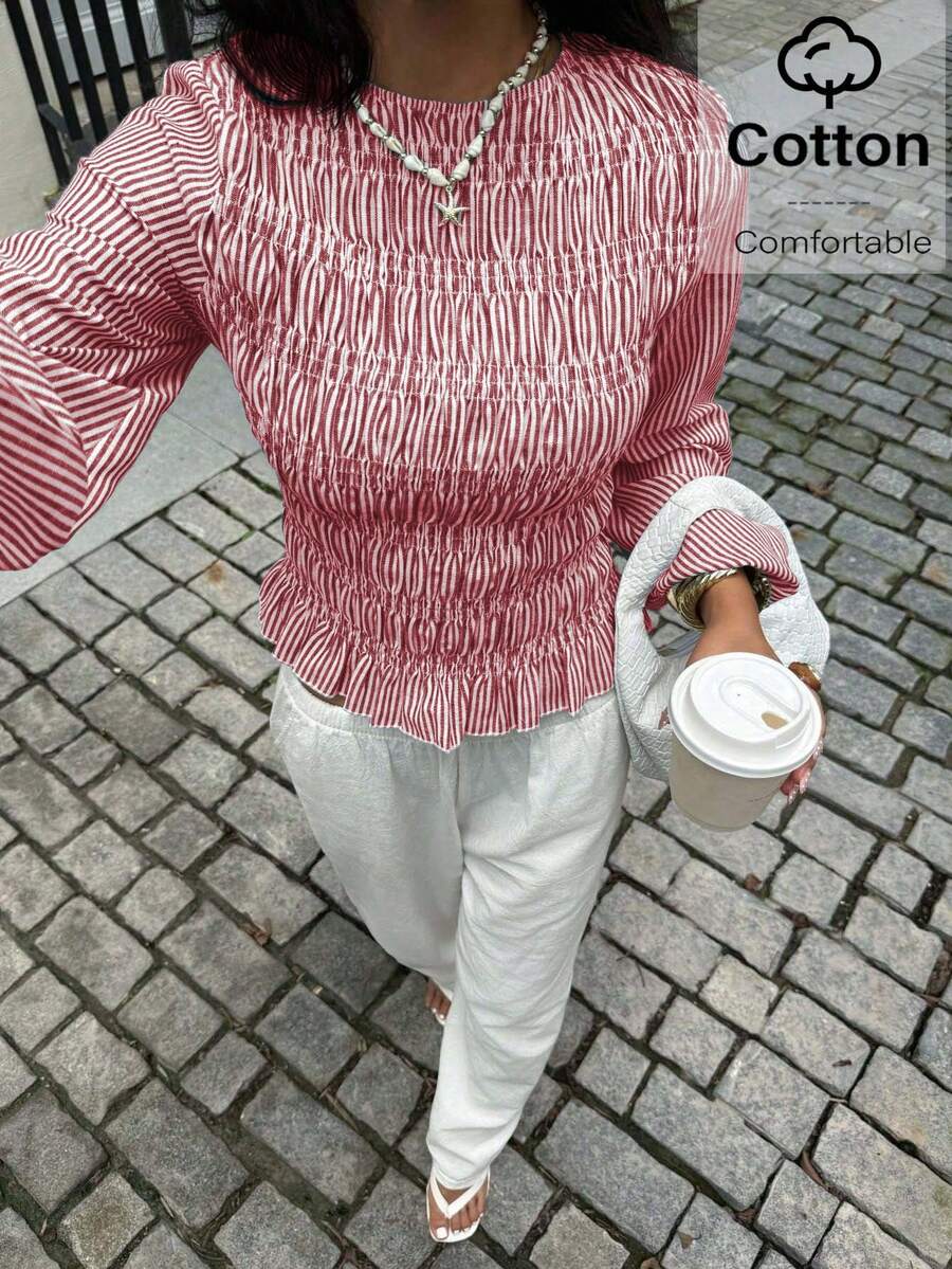Siren Gaze 女式圆领长袖条纹荷叶边休闲衬衫 - 紅白色 - 查看 1