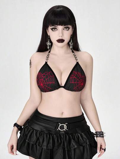 Goth Bralette con tiras de atar en el cuello y estampado de telaraña gótico para mujer