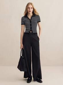 BizChic Women's Romantic Elegant Striped Collared Button Short Sleeve Knit Sweater, Versatile For Business Casual, Daily Commute, Office Wear,Knitted Sweater - Black and White - View 6