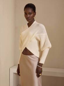 JIAN LASALA Locker sitzender Strickpullover mit Kreuzgurt-Manschetten und Laternärmeln für Damen, Herbst Winter Lässig Elegant Luxus Modekollektionspullover, Weiß