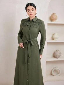 Veilorie Damen Einfarbige Bluse mit Spitzenkontrast Langarm & Elegantes Kleid im arabischen Stil - Armeegrün - Übersicht 1