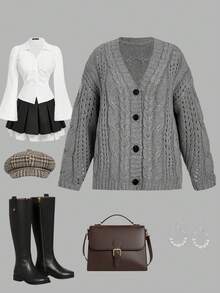 SHEIN MOD Plus Size V-Neck Loose Knit Cardigan, Gray,Christmas Retro Warm Knitted Jacket Autumn Winter Clothes For Women - Grey - View 2