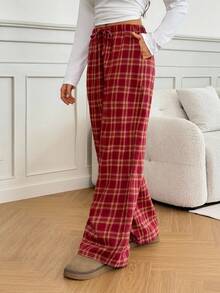 SHEIN Tall 女式系带格子直筒宽松休闲裤 - 紅色 - 查看 2