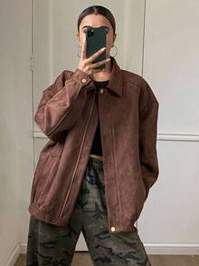 DAZY Women's Lapel Faux Suede Loose Casual City Jacket - Rust Brown - View 3