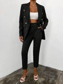 EURMUSE Women's Solid Color Double-Breasted Lapel Long Sleeve Fashion Suit Set - Black - View 5