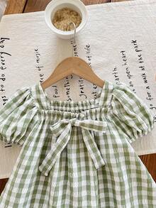 SHEIN Cute Baby Girl Plaid Short Sleeve Bow Loose Summer Vacation Dress - Green - View 5