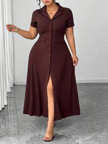 Elenzga Gaun Wanita Ukuran Besar Lengan Pendek Rajut Minimalis Kerah Polo Desain Kancing Pinggang yang Dikencangkan - Coklat - View 6
