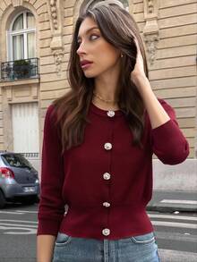 Pariaura 纯色针织开衫，金属纽扣，法式毛衣，春秋 - 酒紅色 - 查看 4