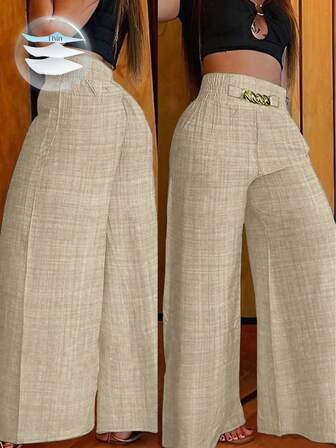 Breezaya Women's Casual Metal Chain Loose Wide Leg Pants, Autumn Linen Khaki Trousers